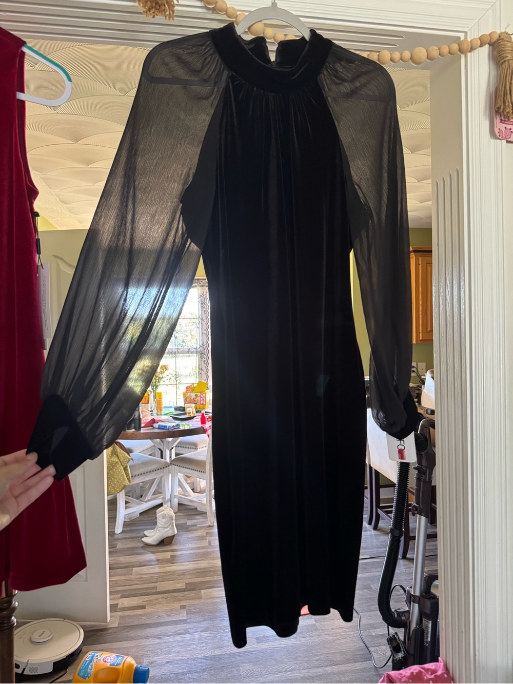 Calvin Klein Black Velvet Midi Dress with Sheer Long Sleeves